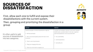 First, allow each one to fulfill and expose their
dissatisfactions with the current system.
Then, grouping and prioritizing the dissatisfaction in a
group
SOURCES OF
DISSATISFACTION ACTIVITY
Copyright © 2019 Accenture. All rights reserved.
It’s often useful to split
sources of dissatisfaction
into two categories:
 