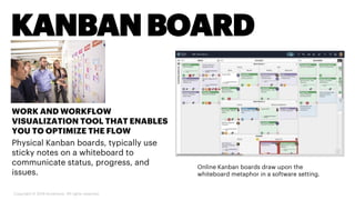 KANBANBOARD
WORK AND WORKFLOW
VISUALIZATION TOOL THAT ENABLES
YOU TO OPTIMIZE THE FLOW
Physical Kanban boards, typically use
sticky notes on a whiteboard to
communicate status, progress, and
issues.
Copyright © 2019 Accenture. All rights reserved.
Online Kanban boards draw upon the
whiteboard metaphor in a software setting.
 