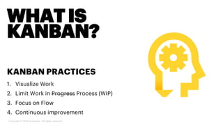 WHATIS
KANBAN?
KANBAN PRACTICES
1. Visualize Work
2. Limit Work in Progress Process (WIP)
3. Focus on Flow
4. Continuous improvement
Copyright © 2019 Accenture. All rights reserved.
 