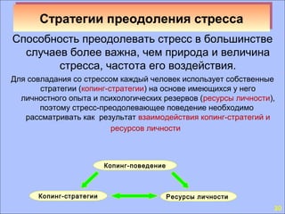 30 
Стратегии Стратегии ппррееооддооллеенниияя ссттрреессссаа 
Способность преодолевать стресс в большинстве 
случаев более важна, чем природа и величина 
стресса, частота его воздействия. 
Для совладания со стрессом каждый человек использует собственные 
стратегии (копинг-стратегии) на основе имеющихся у него 
личностного опыта и психологических резервов (ресурсы личности), 
поэтому стресс-преодолевающее поведение необходимо 
рассматривать как результат взаимодействия копинг-стратегий и 
ресурсов личности 
Копинг-поведение 
Копинг-стратегии Ресурсы личности 
 