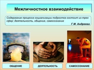 Межличностное в Межличностное вззааииммооддееййссттввииее 
Содержание процесса социализации подростка состоит из трех 
сфер: деятельность, общение, самосознание 
Г.М. Андреева 
ОБЩЕНИЕ ДЕЯТЕЛЬНОСТЬ САМОСОЗНАНИЕ 
 