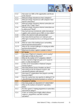 4.3.2    How aware are SMEs of the opportunities and threats
         of the Internet?
4.3.3    What percentage of businesses have computers?
4.3.4    What percentage of businesses with computers have
         Internet connections?
4.3.5    What percentage of business Internet connections are
         dial-up? DSL? Cable? Fibre?
4.3.6    What percentage of business Internet connections are
         in urban areas? Rural?
4.3.7    How much pressure do domestic and/or international
         suppliers and customers put on SMEs to move online?
4.3.8    What is the extent of credit-card ownership?
4.3.9    How many Internet purchases are made per year?
         What types of products/services are being purchased
         online?
4.3.10   What are some of the banking issues surrounding
         Internet purchases/transactions?
4.3.11   What are the societal challenges in carrying out online
         purchases/transactions?
4.3.12   What level of venture capital is available in Belize?
4.4.0    ICT Sector
4.4.1    How many IT/high tech companies exist in country?
         What types of fields do they cover?
4.4.2    What are the number of ICT companies / district?
4.4.3    Is there any form of high-tech park or ICT cluster in
         place or under development?
4.4.4    Is there an ICT Association or National Computer
         Society in place?
4.4.5    How many Internet Service Providers are there?
4.4.6    How strong are the ties between research and
         educational institutions with industry?
4.4.7    How many ICT organizations have projects currently
         focused on R&D?
4.4.8    Does the country have any expertise in utilizing ICT for
         cultural/heritage/entertainment products or services?
4.5.0    Personnel & Training
4.5.1    How many people are educated in ICT related fields?
4.5.2    What are the numbers of trained ICT specialists /
         district
4.5.3    Are there good ICT training programmes in universities
         and technical colleges?
4.5.4    Is there an existing pool of highly skilled software
         engineers, programmers and other technical
         specialists?


                                   Belize National ICT Policy – e-Readiness Assessment   25
 