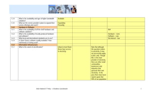 1.3.4   What is the availability and type of higher bandwidth          Available
        solutions?
1.3.5   What are the service provider’s plans to expand their          Expanding
        service offerings and reach?                                   Presently
1.4.0   Hardware & Software
1.4.1   What is the availability of off-the-shelf hardware and                                                         N/A
        software solutions?
1.4.2   What is the availability of locally produced hardware                                                          Hardware – none
        and software?                                                                                                  Software – Low
1.4.3   What local and international standards are in use?                                                             Via internet – low
1.4.4   Is Open-Source software readily available? How
        extensively is it being used?
1.5.0   Information Infrastructure
1.5.1   What is the extent of electrification?                         Urban & most Rural   Note that although
                                                                       Areas have access    this question relates
                                                                       to electricity       to electricity, it may
                                                                                            not necessarily apply
                                                                                            to BEL only. Though
                                                                                            BEL is the main
                                                                                            provider of electricity,
                                                                                            there are other small
                                                                                            communities,
                                                                                            businesses and
                                                                                            industries that
                                                                                            generate their own
                                                                                            electricity. In the
                                                                                            pass there have been
                                                                                            reports quote that
                                                                                            90% of our population




                                  Belize National ICT Policy – e-Readiness Questionnaire                                                    3
 