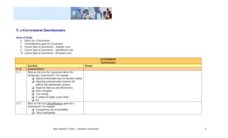 5. e-Government Questionnaire
Areas of Study:
   6. Drivers for e-Government
   7. Citizen/Business goals for Government
   8. Current State of Government – Strategic Level
   9. Current State of Government – Operational Level
   10. Current State of Government – Personnel Level

                                                                                           GOVERNMENT
                                                                                           Questionnaire
          Question                                                     Answer
5.1.0     General Drivers
5.1.1     What are felt to be the Government drivers for
          introducing e-Government? For example:
                  Improved information base for decision making
                  Improving communications between the
                  political and administrative process
                  Improved efficiency and effectiveness
                  Deter corruption
                  Cost savings
                  A catalyst for public sector reform
                  Etc.
5.1.2     What are felt to be Citizen/Business goals for e-
          Government? For example:
                  Transparency and accountability
                  Citizen participation




                                  Belize National ICT Policy – e-Readiness Questionnaire                   27
 