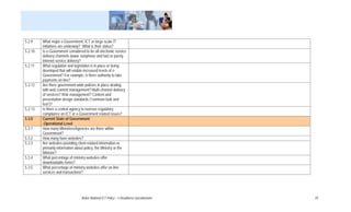 5.2.9    What major e-Government, ICT or large-scale IT
         initiatives are underway? What is their status?
5.2.10   Is e-Government considered to be all electronic service
         delivery channels (www. telephone and fax) or purely
         Internet service delivery?
5.2.11   What regulation and legislation is in place or being
         developed that will enable increased levels of e-
         Government? For example, is there authority to take
         payments on line?
5.2.12   Are there government-wide policies in place dealing
         with web content management? Multi-channel delivery
         of services? Risk management? Content and
         presentation design standards (“common look and
         feel”)?
5.2.13   Is there a central agency to oversee regulatory
         compliance on ICT or e-Government related issues?
5.3.0    Current State of Government
         -Operational Level
5.3.1    How many Ministries/Agencies are there within
         Government?
5.3.2    How many have websites?
5.3.3    Are websites providing client-related information or
         primarily information about policy, the Ministry or the
         Minister?
5.3.4    What percentage of ministry websites offer
         downloadable forms?
5.3.5    What percentage of ministry websites offer on-line
         services and transactions?




                                  Belize National ICT Policy – e-Readiness Questionnaire   29
 
