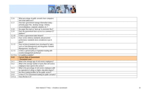 5.3.6      What percentage of public servants have computers
           and email addresses?
5.3.7      How does government manage information today –
           primarily paper files, desktop storage, ministry
           servers/database, corporate solutions etc.?
5.3.8      Are paper files kept as “back-up” to electronic files?
5.3.9      Does the government have access to a common ICT
           platform?
5.3.10     Is there a government wide Intranet?
5.3.11     Have service delivery standards and personnel
           performance standards been considered or put in
           place?
5.3.12     Have technical standards been developed for topics
           such as Data Management and Integration, Network
           Management, Security etc?
5.3.13     Is there a general policy or legislation dealing with
           records management (archives)?
5.3.13.a   Is it publicly available?
5.4.0      Current State of Government
           - Personnel Level
5.4.1      What is the average age of civil service employees?
5.4.2      What is the average number of years that civil service
           employees have spent in the service?
5.4.3      What is the percentage of civil service employees with
           an equivalent of college or higher education degree?
5.4.4      Are there training facilities for the public service?
5.4.5      Is there ICT/e-Government training for public servants?
5.4.5.a    How effective is it?




                                    Belize National ICT Policy – e-Readiness Questionnaire   30
 