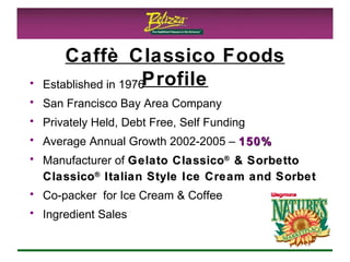 Caffè Classico Foods Profile Established in 1976 San Francisco Bay Area Company Privately Held, Debt Free, Self Funding Average Annual Growth 2002-2005 –  150% Manufacturer of  Gelato Classico ®  & Sorbetto Classico ®  Italian Style Ice Cream and Sorbet Co-packer  for Ice Cream & Coffee Ingredient Sales 