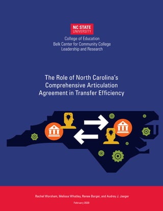 The Role of North Carolina’s
Comprehensive Articulation
Agreement in Transfer Efficiency
February 2020
Rachel Worsham, Melissa Whatley, Renee Barger, and Audrey J. Jaeger
 