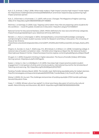 9
Kuh, G. D., & Kinzie, J. (May 1, 2018). What really makes a ‘high-impact’ practice high impact? Inside Higher
Ed. https://www.insidehighered.com/views/2018/05/01/kuh-and-kinzie-respond-essay-questioning-high-
impact-practices-opinion
Kuh, G., O’Donnell, K., & Schneider, C. G. (2017). HIPs at ten. Changes: The Magazine of Higher Learning,
49(5), 8–16. https://doi.org/10.1080/00091383.2017.1366805
Martinez, J., & Santiago, D. (2020, July). Tapping Latino talent: How HSIs are preparing Latino students for
the workforce — Covid-19 update. Excelencia in Education. https://eric.ed.gov/?id=ED606411
National Center for Educational Statistics. (2021). IPEDS: Definitions for new race and ethnicity categories.
https://nces.ed.gov/ipeds/report-your-data/race-ethnicity-definitions
Rendón, L. I., Nora, A., & Kanagala, V. (2014). Ventajas/Assets y conocimientos/knowledge: Leveraging
Latin@ strengths to foster student success. Center for Research and Policy in Education, The University of
Texas at San Antonio.
https://www.utsa.edu/strategicplan/documents/2017_12%20Student%20Success%20_Ventajas_Assets_2014.
pdf
Shapiro, D., Dundar, A., Huie, F., Wakhungu, P.K., Bhimdiwali, A., & Wilson, S. E. (2018). Completing college: A
national view of student completion rates – Fall 2012 cohort (Signature Report No. 16). National Student
Clearinghouse Research Center. https://nscresearchcenter.org/wp-content/uploads/SignatureReport16.pdf
Shugart, S. C. (2019). Ecosystem thinking in higher education: The future of transfer [Video]. 2019 Dallas
Herring Lecture. https://youtu.be/hmlINTqgvOc
Sweat, J., Jones, G., Han, S., & Wolfgram, S. M. (2013). How does high impact practice predict student
engagement? A comparison of white and minority students. International Journal for the Scholarship of
Teaching and Learning, 7(2). https://doi.org/10.20429/ijsotl.2013.070217
Tackling Transfer Advisory Board. (2021). The transfer reset: Rethinking equitable policy for today’s learners.
http://hcmstrategists.com/wpcontent/uploads/2021/07/PAB_TransferReset_Full_Final_07_26_21.pdf
Wang, X. (2020). On my own: The challenge and promise of building equitable STEM transfer pathways.
Harvard Education Press.
Yosso, T. J. (2005). Whose culture has capital? A critical race theory discussion of community cultural
wealth. Race Ethnicity and Education, 8(1), 69–91. https://doi.org/10.1080/1361332052000341006
HISPANIC STUDENT EXPERIENCES WITH HIGH-IMPACT PRACTICES AND TRANSFER SUCCESS
 