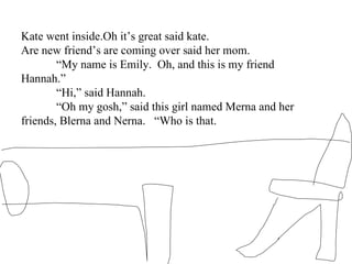 Kate went inside.Oh it’s great said kate.  Are new friend’s are coming over said her mom. “ My name is Emily.  Oh, and this is my friend Hannah.” “ Hi,” said Hannah. “ Oh my gosh,” said this girl named Merna and her friends, Blerna and Nerna.  “Who is that. 
