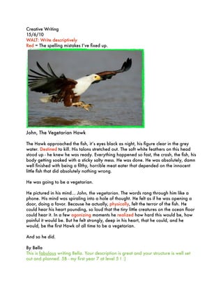 Creative Writing
15/6/10
WALT: Write descriptively
Red = The spelling mistakes I’ve ﬁxed up.




John, The Vegetarian Hawk

The Hawk approached the ﬁsh, it’s eyes black as night, his ﬁgure clear in the grey
water. Destined to kill. His talons stretched out. The soft white feathers on this head
stood up - he knew he was ready. Everything happened so fast, the crash, the ﬁsh, his
body getting soaked with a sticky salty mess. He was done. He was absolutely, damn
well ﬁnished with being a ﬁlthy, horrible meat eater that depended on the innocent
little ﬁsh that did absolutely nothing wrong.

He was going to be a vegetarian.

He pictured in his mind... John, the vegetarian. The words rang through him like a
phone. His mind was spiraling into a hole of thought. He felt as if he was opening a
door, doing a favor. Because he actually, physically, felt the terror of the ﬁsh. He
could hear his heart pounding, so loud that the tiny little creatures on the ocean ﬂoor
could hear it. In a few agonizing moments he realized how hard this would be, how
painful it would be. But he felt strongly, deep in his heart, that he could, and he
would, be the ﬁrst Hawk of all time to be a vegetarian.

And so he did.

By Bella
This is fabulous writing Bella. Your description is great and your structure is well set
out and planned. 5B - my ﬁrst year 7 at level 5 ! :)
 