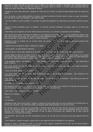 Después de haber calmado los apremios de mi vejiga y de haberme aseado y acicalado, corrí escaleras abajo en
busca de mi padre, quien revisaba por enésima vez ambas cañas de pescar y el bolso donde guardaba todas las
cosas que harían falta antes de colgárselo al hombro.
–Ocúpate tú de la cesta del picnic mientras yo meto esto en el Jeep. Tu madre la habrá dejado sobre la mesa de la
cocina.
Fui a la cocina, y como había predicho mi padre, encontré la cesta de mimbre sobre la mesa. La cogí, tomándome
por sorpresa lo mucho que pesaba, y salí hasta el jeep.
–¿Ya has metido la nevera portátil? –le recordé, sin ganas de quedarme sin nada fresco que tomar durante la pesca.
–Sí.
–Mamá ha hecho bocadillos para un batallón. –le informé mientras deslizaba la pesada cesta en el interior del
maletero.

SI
t p FI Ó
:// C N
VO E O
ht
N R
tp .c E IG
:// os S IN
vo at P
ec AÑ AL
.h
ol a. O ,
.e co L
s
m

–Será mejor que traigamos al menos media docena de truchas, o no volverá a prepararnos los bocadillos.
Reí la gracia de mi padre. Cerramos el maletero y nos metimos en el coche. El río al que nos dirigíamos estaba a tan
sólo tres minutos de la casa, por lo que muy pronto estábamos descargando el jeep. Mientras yo buscaba un sitio
para asentarnos, mi padre sacó su caña y su bolso de pesca.
Instalarnos bajo la sombra de un enorme árbol me pareció la mejor de las ideas, así que lo coloqué todo
cuidadosamente.
–¿Quieres que te prepare la caña? –preguntó mi padre.
–¡De acuerdo! –le grité desde la distancia.

Saqué mi gorra y me la calé, sabedora de que dentro de poco el sol estaría en todo su apogeo sobre nosotros.
Cuando llegué al lado de mi padre, él ya había echado su primer lance con su caña de cinco metros. Yo no usaba
para pescar cebo natural como él, prefería usar señuelos, en este caso mosca, por lo que usaba una caña telescópica
de unos tres metros. Me senté a su lado y lancé el nailon en sentido contrario al de mi padre.
–¿Ves aquellas rocas? –me señaló con la cabeza, puesto que tenía su caña sujeta en una línea tensa, esperando a
sentir el plomo.
Miré hacia donde creí que me indicaba y pude observar una serie de rocas, algunas de las cuales sobresalían
ligeramente del agua.
–¿Qué te he dicho siempre de las rocas?

R

–Los peces están cerca de las rocas, las ensenadas profundas y de los árboles sumergidos. –dije imitando la voz
profunda de mi padre.

VE

–Muy bien, ¿entonces por qué has lanzado hacia allí? –no me dio tiempo a contestar. –Hija, tienes que hacer las
cosas pensando.

N

–Lo siento, papá. –recogí nuevamente el nailon.

FA

Me posicioné cara a aquellas rocas y lancé, no sin antes apuntar bien. Le di vueltas a la manivela del carrete para
que el señuelo cruzara por el punto que había elegido y sostuve la caña firme.
–Bien hecho. –me aplaudió mi padre. –¿Trucha?

–Carpa.
–Ya veremos.

ht

Negué con la cabeza.

Llevábamos algo más de dos horas y media y la pesca por ahora había sido muy poco productiva. Al menos para mí,
puesto que mi padre y sus lombrices habían conseguido pillar desprevenidas a un par de truchas.
De repente oímos un ruido que nos sobresaltó y miramos hacia atrás al mismo tiempo. Reconocí al vetusto hombre
que se nos acercaba como Don Federico, pero de no ser así, el enorme rifle que transportaba sobre uno de sus
hombros me hubiera dado la pista definitiva. Oí que mi padre murmuraba una maldición por lo bajo y que se
despedía de su tranquilo día de pesca.
–¿O´Donnell? –dijo el viejo, sin abrir demasiado la boca a fin de que no se le cayera el puro que sostenía entre los
labios.
–¡Don Federico! –saludó mi padre, aunque sólo yo era capaz de notar la falsedad en sus palabras.
Recogió el nailon y abandonó la caña en el suelo. Yo me negué a separarme de la mía, eso me daría ventaja y
evitaría que me acercara demasiado a aquel loco.

 