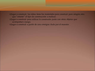 Jugar a construir: los niños tiene los materiales para construir pero ningún otro
que “oriente” el tipo de construcción a realizar.
Jugar a construir para utilizar lo construido junto con otros objetos que
acompañan e juego.
Jugar a construir a partir de una consigna dada por el maestro
 