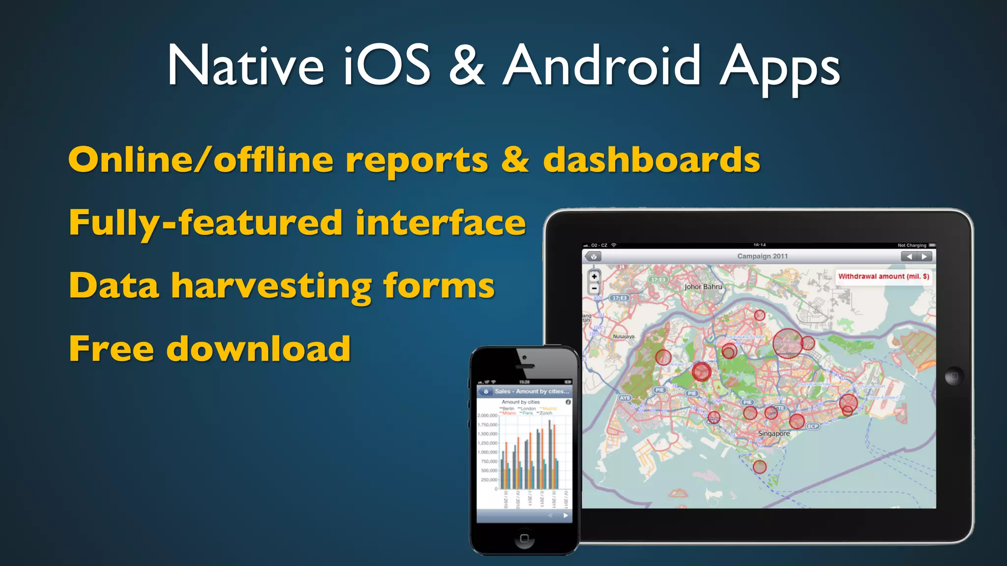 Native iOS & Android Apps	

Online/ofﬂine reports & dashboards	

Fully-featured interface	

Data harvesting forms	

Free download	

 