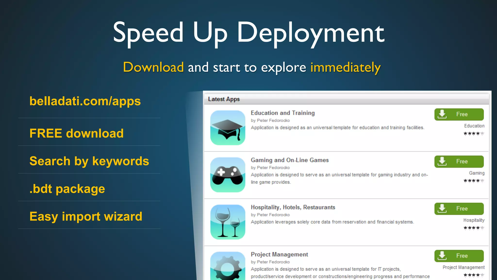 Speed Up Deployment	

Download and start to explore immediately	

belladati.com/apps
FREE download
Search by keywords
.bdt package
Easy import wizard
 