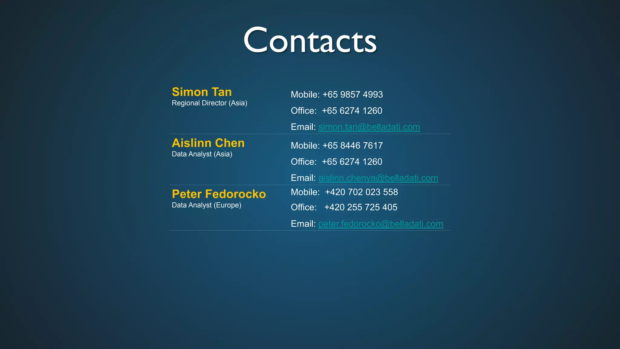 Contacts	

Simon Tan
Regional Director (Asia)
Mobile: +65 9857 4993
Office: +65 6274 1260
Email: simon.tan@belladati.com
Aislinn Chen
Data Analyst (Asia)
Mobile: +65 8446 7617
Office: +65 6274 1260
Email: aislinn.chenya@belladati.com
Peter Fedorocko
Data Analyst (Europe)
Mobile: +420 702 023 558	

Office: +420 255 725 405
Email: peter.fedorocko@belladati.com
 