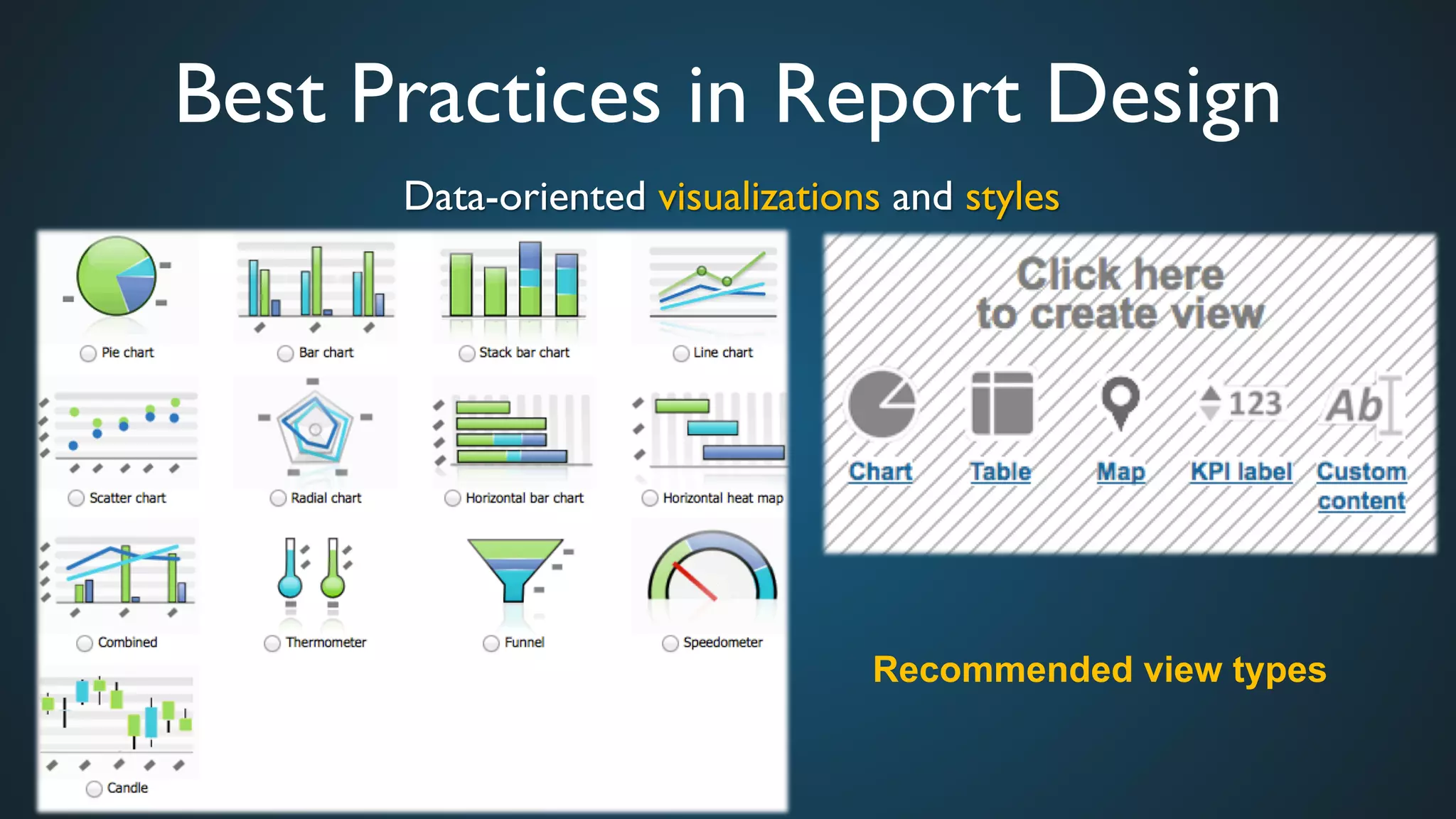 Best Practices in Report Design	

Recommended view types
Data-oriented visualizations and styles	

 