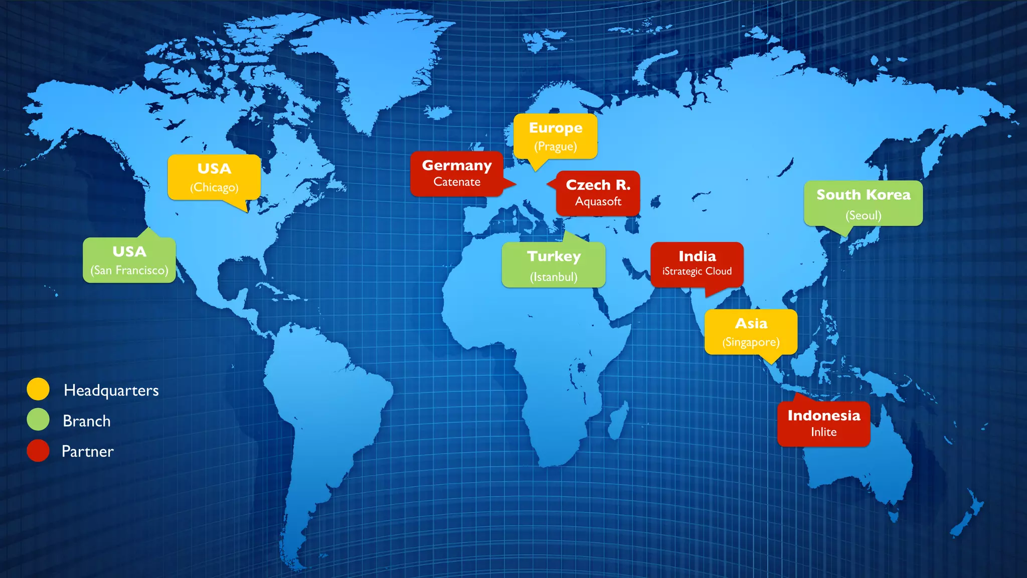 Europe	

(Prague) 	

USA	

(Chicago) 	

Asia	

(Singapore) 	

South Korea	

(Seoul) 	

Turkey	

(Istanbul) 	

Indonesia	

Inlite	

India	

iStrategic Cloud	

Germany	

Catenate	

 Czech R.	

Aquasoft	

Headquarters	

Branch	

Partner	

USA	

(San Francisco) 	

 