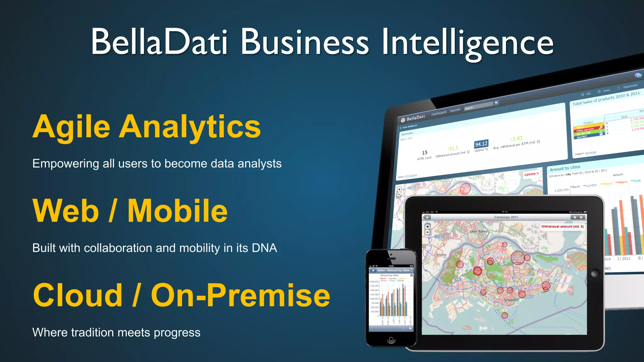 BellaDati Business Intelligence	

Agile Analytics
Empowering all users to become data analysts
Web / Mobile
Built with collaboration and mobility in its DNA
Cloud / On-Premise
Where tradition meets progress
 