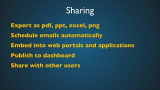 Sharing	

Export as pdf, ppt, excel, png	

Schedule emails automatically	

Embed into web portals and applications	

Publish to dashboard	

Share with other users	

	

 