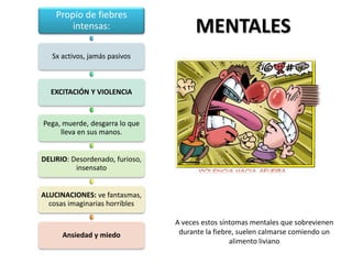 MENTALES
Propio de fiebres
intensas:
Sx activos, jamás pasivos
EXCITACIÓN Y VIOLENCIA
Pega, muerde, desgarra lo que
lleva en sus manos.
DELIRIO: Desordenado, furioso,
insensato
ALUCINACIONES: ve fantasmas,
cosas imaginarias horribles
Ansiedad y miedo
A veces estos síntomas mentales que sobrevienen
durante la fiebre, suelen calmarse comiendo un
alimento liviano
 