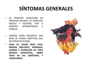 SÍNTOMAS GENERALES
• SU PRINCIPAL INDICACIÓN EN
PROCESOS AGUDOS, DE APARICIÓN
BRUSCA Y VIOLENTA, MUY A
MENUDO INFLAMATORIOS y
FEBRILES.
• SIEMPRE ESTÁN PRESENTES UNA
SERIE DE SIGNOS OBJETIVOS QUE
NO PERMITEN DUDAR:
• CARA DE COLOR ROJO VIVO,
MIRADA BRILLANTE, MIDRIASIS,
LATIDOS Y DILATACIÓN EN TODA
ARTERIA SUPERFICIAL, SOBRE
TODO EN LAS CARÓTIDAS, Y
TAQUICARDIA
 
