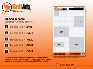 Edición impresa
Espacios y precios parciales

 1    Espacio 1 x 1 = $89.00

 2    Espacio 2 x 1 = $169.10

 3    Espacio 2 x 2 = $338.20

 4    Espacio 3 x 2 = $507.30


 5    Espacio 3 x 3 = $760.95

NOTA: A medida que aumenta el tamaño, nuestro cliente         Muestra de la Edición impresa
ahorra un 5% del precio original. Con la compra de al menos
1 espacio, la presencia en Internet es ¡GRATIS! por un año.
 