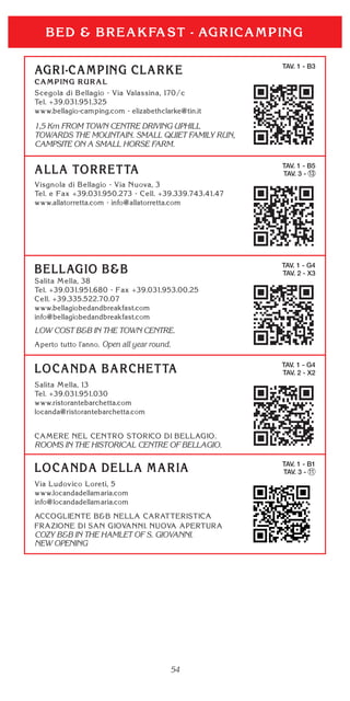 54
TAV. 1 - B3
1,5 Km FROM TOWN CENTRE DRIVING UPHILL
TOWARDS THE MOUNTAIN. SMALL QUIET FAMILY RUN,
CAMPSITE ON A SMALL HORSE FARM.
TAV. 1 - B5
TAV. 3 - 13
TAV. 1 - G4
TAV. 2 - X3
LOW COST B&B IN THE TOWN CENTRE.
Open all year round.
TAV. 1 - G4
TAV. 2 - X2
ROOMS IN THE HISTORICAL CENTRE OF BELLAGIO.
TAV. 1 - B1
TAV. 3 - 11
COZY B&B IN THE HAMLET OF S. GIOVANNI.
NEW OPENING
 