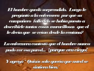El hom quedó sorprendido. Luego le
          bre
    pregúntó a la enferm  era por qué su
  cum  pañero fallecido se había puesto a
describirle tantas cosas maravillosas que el
 le decía que se veían desde la ventana?

La enferm contestó que el hom nunca
          era                    bre
 pudo ver esa pared... !porque era ciego!

Yagregó ‘ Quizás solo quería que usted se
            sintiera bien.'
 