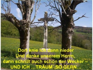 Dort knie ich dann nieder
     Und danke unserem Herrn,
dann schrillt auch schon der Wecker –
   UND ICH …TRÄUM´ SO GERN…
 