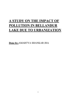 1
A STUDY ON THE IMPACT OF
POLLUTION IN BELLANDUR
LAKE DUE TO URBANIZATION
Done by-AMARTYA SHANKAR JHA
 