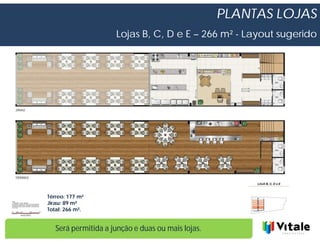PLANTAS LOJAS
                     Lojas B, C, D e E – 266 m² - Layout sugerido




Térreo: 177 m²
Jirau: 89 m²
Total: 266 m².


   Será permitida a junção e duas ou mais lojas.
 