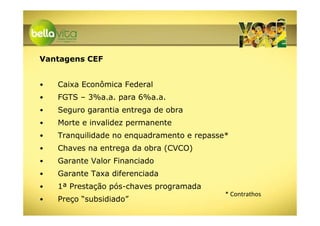 Vantagens CEF


•   Caixa Econômica Federal
•   FGTS – 3%a.a. para 6%a.a.
•   Seguro garantia entrega de obra
•   Morte e invalidez permanente
•   Tranquilidade no enquadramento e repasse*
•   Chaves na entrega da obra (CVCO)
•   Garante Valor Financiado
•   Garante Taxa diferenciada
•   1ª Prestação pós-chaves programada
                                            * Contrathos
•   Preço “subsidiado”
 