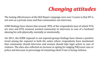 Changing attitudes
The lasting effectiveness of the Bell Bajao! campaign seen over 4 years is that DV is
not seen as a private issue and that communities can intervene.

•CMS findings have shown that around 89% of the respondents (out of which 91%
are men and 87% women) wanted community to intervene in case of a husband
abusing his wife physically, mentally or emotionally.

•In 2011, the ICRW exposed vs not exposed groups findings have shown a positive
trend among the exposed in both the states where respondents have mentioned
that community should intervene and women should take legal action in case of
violence. The data also reflected an increase in opting for lodging FIR/court case or
police and decrease in percentage of remaining silent if one is facing violence.
 