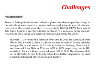 Challenges
•Individual level:

Research findings for both states in the first phase have shown a positive change in
the attitude of men towards a woman seeking legal action in case of violence.
However, in the second phase there is a regression (CMS & ICRW). Both sets of
data throw light on a specific indicator on shame “If a woman is facing domestic
violence and she is taking legal action, she is bringing shame to the family”.

    •In Phase 1, UP recorded a decrease from 54% to 26% and Karnataka from
    35% to 8%, in Phase 2, there is a sharp increase in sense of shame, specially
    among males in both states. In Dakshin Kannada and Gulberga, Karnataka, it
    has increased from 28% to 71% and 48% to 82% respectively and in UP,
    specially in Varanasi, it has increased from 19% to 62%. This dramatic shift
    can be attributed to men feeling threatened and further emphasizes the need
    to work with men and boys in a sustained manner.
 