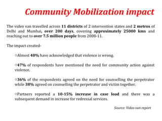Community Mobilization impact
The video van travelled across 11 districts of 2 intervention states and 2 metros of
Delhi and Mumbai, over 200 days, covering approximately 25000 kms and
reaching out to over 7.5 million people from 2008-11.

The impact created-

    oAlmost 40% have acknowledged that violence is wrong.

    o47% of respondents have mentioned the need for community action against
    violence.

    o36% of the respondents agreed on the need for counselling the perpetrator
    while 38% agreed on counselling the perpetrator and victim together.

    oPartners reported a 10-15% increase in case load and there was a
    subsequent demand in increase for redressal services.

                                                             Source: Video van report
 