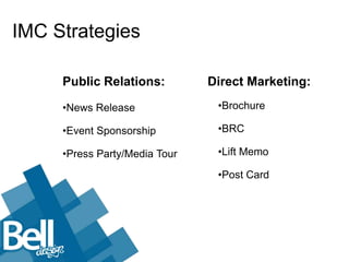 IMC Strategies

     Public Relations:         Direct Marketing:

     •News Release              •Brochure

     •Event Sponsorship         •BRC

     •Press Party/Media Tour    •Lift Memo

                                •Post Card
 