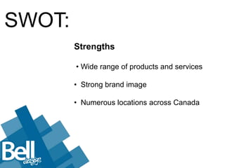 SWOT:
        Strengths

        • Wide range of products and services

        • Strong brand image

        • Numerous locations across Canada
 
