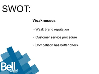 SWOT:
        Weaknesses

        • Weak brand reputation

        • Customer service procedure

        • Competition has better offers
 