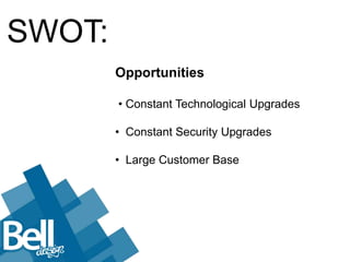 SWOT:
        Opportunities

        • Constant Technological Upgrades

        • Constant Security Upgrades

        • Large Customer Base
 