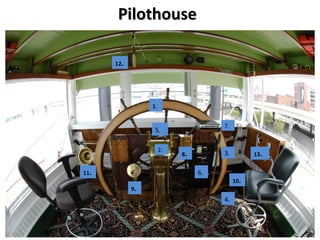 The PilotHouse This is the only structure on the top of the boat. It sits on the roof of the texas cabin. From this high perch, the pilot and captain make all navigation decisions and steer the boat using the pilot wheel and powering steering levers. They also communicate with crew in different parts of the boat and with other vessels plying the river through various forms of communication both old and new.  Pilothouse. Ext. best Pilot at wheel  