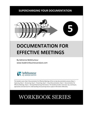 SUPERCHARGING YOUR DOCUMENTATION
1
DOCUMENTATION FOR
EFFECTIVE MEETINGS
By Adrienne Bellehumeur
www.leadersinbusinessanalysis.com
This booklet is part of Step 4 – Communicating Information of the five-step documentation process (Step 1
– Capturing Information, Step 2 – Structuring Information, Step 3 – Presenting Information, Step 4 –
Communicating Information, Step 5 – Storing and Maintaining Information). This booklet provides some
basic tips, techniques, approaches and exercises for understanding and practicing how to apply
documentation practices for creating highly effective meetings.
4
 