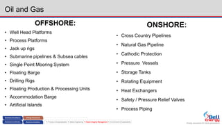 Energy assurance for future generations
 Process Conceptualization  Safety Engineering  Asset Integrity Management  Environment & Sustainability
Oil and Gas
OFFSHORE:
• Well Head Platforms
• Process Platforms
• Jack up rigs
• Submarine pipelines & Subsea cables
• Single Point Mooring System
• Floating Barge
• Drilling Rigs
• Floating Production & Processing Units
• Accommodation Barge
• Artificial Islands
ONSHORE:
• Cross Country Pipelines
• Natural Gas Pipeline
• Cathodic Protection
• Pressure Vessels
• Storage Tanks
• Rotating Equipment
• Heat Exchangers
• Safety / Pressure Relief Valves
• Process Piping
 