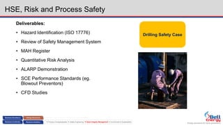Energy assurance for future generations
 Process Conceptualization  Safety Engineering  Asset Integrity Management  Environment & Sustainability
HSE, Risk and Process Safety
Deliverables:
• Hazard Identification (ISO 17776)
• Review of Safety Management System
• MAH Register
• Quantitative Risk Analysis
• ALARP Demonstration
• SCE Performance Standards (eg.
Blowout Preventors)
• CFD Studies
Drilling Safety Case
 