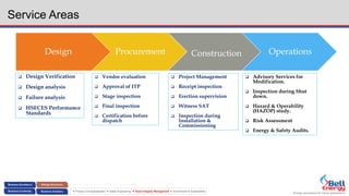 Energy assurance for future generations
 Process Conceptualization  Safety Engineering  Asset Integrity Management  Environment & Sustainability
Service Areas
 Design Verification
 Design analysis
 Failure analysis
 HSECES Performance
Standards
 Vendor evaluation
 Approval of ITP
 Stage inspection
 Final inspection
 Certification before
dispatch
 Project Management
 Receipt inspection
 Erection supervision
 Witness SAT
 Inspection during
Installation &
Commissioning
 Advisory Services for
Modification.
 Inspection during Shut
down.
 Hazard & Operability
(HAZOP) study.
 Risk Assessment
 Energy & Safety Audits.
Design Procurement Construction Operations
 