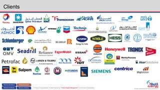Energy assurance for future generations
 Process Conceptualization  Safety Engineering  Asset Integrity Management  Environment & Sustainability
Clients
 