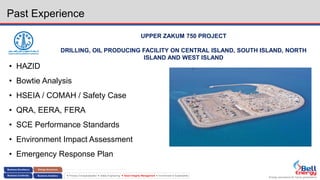 Energy assurance for future generations
 Process Conceptualization  Safety Engineering  Asset Integrity Management  Environment & Sustainability
Past Experience
UPPER ZAKUM 750 PROJECT
DRILLING, OIL PRODUCING FACILITY ON CENTRAL ISLAND, SOUTH ISLAND, NORTH
ISLAND AND WEST ISLAND
• HAZID
• Bowtie Analysis
• HSEIA / COMAH / Safety Case
• QRA, EERA, FERA
• SCE Performance Standards
• Environment Impact Assessment
• Emergency Response Plan
 