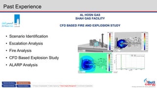 Energy assurance for future generations
 Process Conceptualization  Safety Engineering  Asset Integrity Management  Environment & Sustainability
Past Experience
AL HOSN GAS
SHAH GAS FACILITY
CFD BASED FIRE AND EXPLOSION STUDY
• Scenario Identification
• Escalation Analysis
• Fire Analysis
• CFD Based Explosion Study
• ALARP Analysis
 