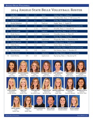 ANGELO STATE VOLLEYBALL 
2014 Angelo State Belle Volleyball Roster 
1 Shelby Wilt DS/S 5-7 Senior Dalhart, Texas // Dalhar...