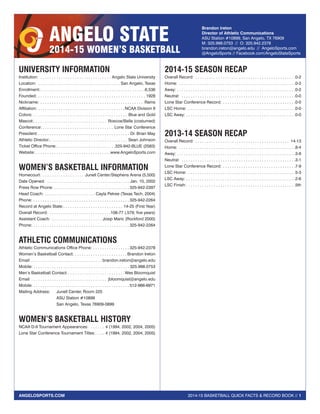 ANGELOSPORTS.COM 2014-15 BASKETBALL QUICK FACTS & RECORD BOOK // 1 
ANGELO STATE 
2014-15 WOMEN’S BASKETBALL 
Brandon Ireton 
Director of Athletic Communications 
ASU Station #10899, San Angelo, TX 76909 
M: 325.998.0753 // O: 325.942.2378 
brandon.ireton@angelo.edu // AngeloSports.com 
@AngeloSports // Facebook.com/AngeloStateSports 
UNIVERSITY INFORMATION 
Institution: . Angelo State University 
Location: . San Angelo, Texas 
Enrollment: . 6,536 
Founded: . .1928 
Nickname: . Rams 
Affiliation: . NCAA Division II 
Colors: . Blue and Gold 
Mascot: . Roscoe/Bella (costumed) 
Conference: . Lone Star Conference 
President: . Dr. Brian May 
Athletic Director: . Sean Johnson 
Ticket Office Phone: . 325-942-BLUE (2583) 
Website: . www.AngeloSports.com 
WOMEN’S BASKETBALL INFORMATION 
Homecourt: . Junell Center/Stephens Arena (5,500) 
Date Opened: . Jan. 10, 2002 
Press Row Phone: . 325-942-2397 
Head Coach: .Cayla Petree (Texas Tech, 2004) 
Phone: . 325-942-2264 
Record at Angelo State: . .14-25 (First Year) 
Overall Record: . 106-77 (.579, five years) 
Assistant Coach: . Josip Maric (Rockford 2000) 
Phone: . 325-942-2264 
ATHLETIC COMMUNICATIONS 
Athletic Communications Office Phone: . 325-942-2378 
Women’s Basketball Contact: . . . . . . . . . . . . . . . . . . . . . . . Brandon Ireton 
Email: . brandon.ireton@angelo.edu 
Mobile: . . . . . . . . . . . . . . . . . . . . . . . . . . . . . . . . . . . . . . . . . . 325.998.0753 
Men’s Basketball Contact: . Wes Bloomquist 
Email: . jbloomquist@angelo.edu 
Mobile: . . . . . . . . . . . . . . . . . . . . . . . . . . . . . . . . . . . . . . . . . . 512-966-6971 
Mailing Address: Junell Center, Room 225 
ASU Station #10899 
San Angelo, Texas 76909-0899 
WOMEN’S BASKETBALL HISTORY 
NCAA D-II Tournament Appearances: . 4 (1994, 2002, 2004, 2005) 
Lone Star Conference Tournament Titles: . 4 (1994, 2002, 2004, 2005) 
2014-15 SEASON RECAP 
Overall Record: . 0-2 
Home: . 0-2 
Away: . 0-2 
Neutral: . 0-0 
Lone Star Conference Record: . 0-0 
LSC Home: . 0-0 
LSC Away: . 0-0 
2013-14 SEASON RECAP 
Overall Record: . 14-13 
Home: . 8-4 
Away: . 3-8 
Neutral: . 3-1 
Lone Star Conference Record: . 7-9 
LSC Home: . 5-3 
LSC Away: . 2-6 
LSC Finish: . 5th 
 
